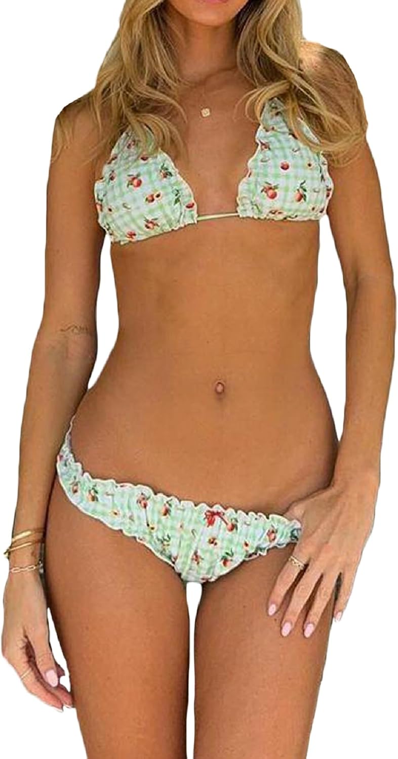 Y2K Cute Thong Bikini Sets for Women Floral Print Halter Neck Two Piece Triangle Swimsuits Sexy Boho Bathing Suit