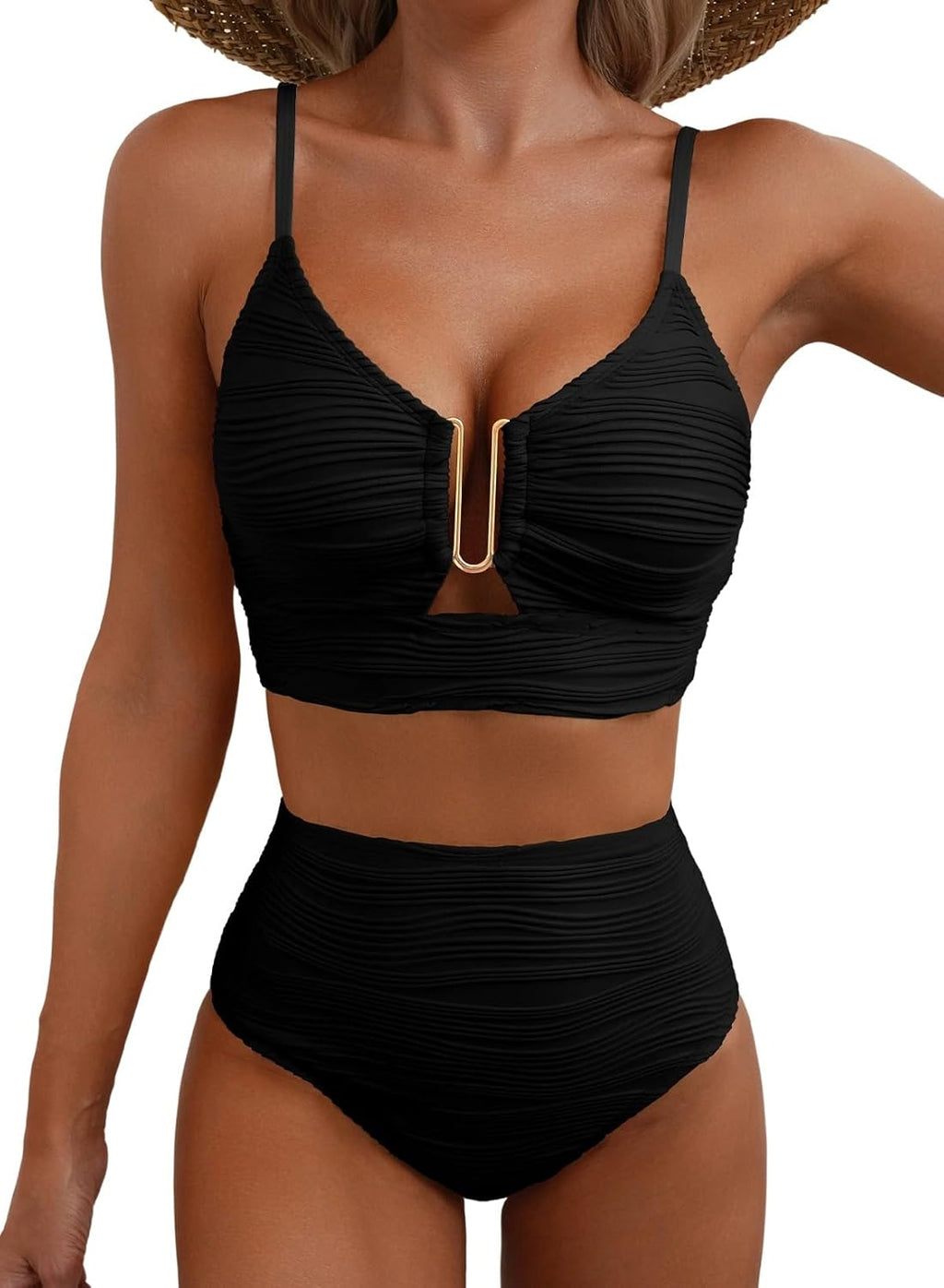 2 Piece Bikini Set U-Wire Cutout Popular Swimsuit High Waisted Textured  Summer Beach Swim Bathing Suits