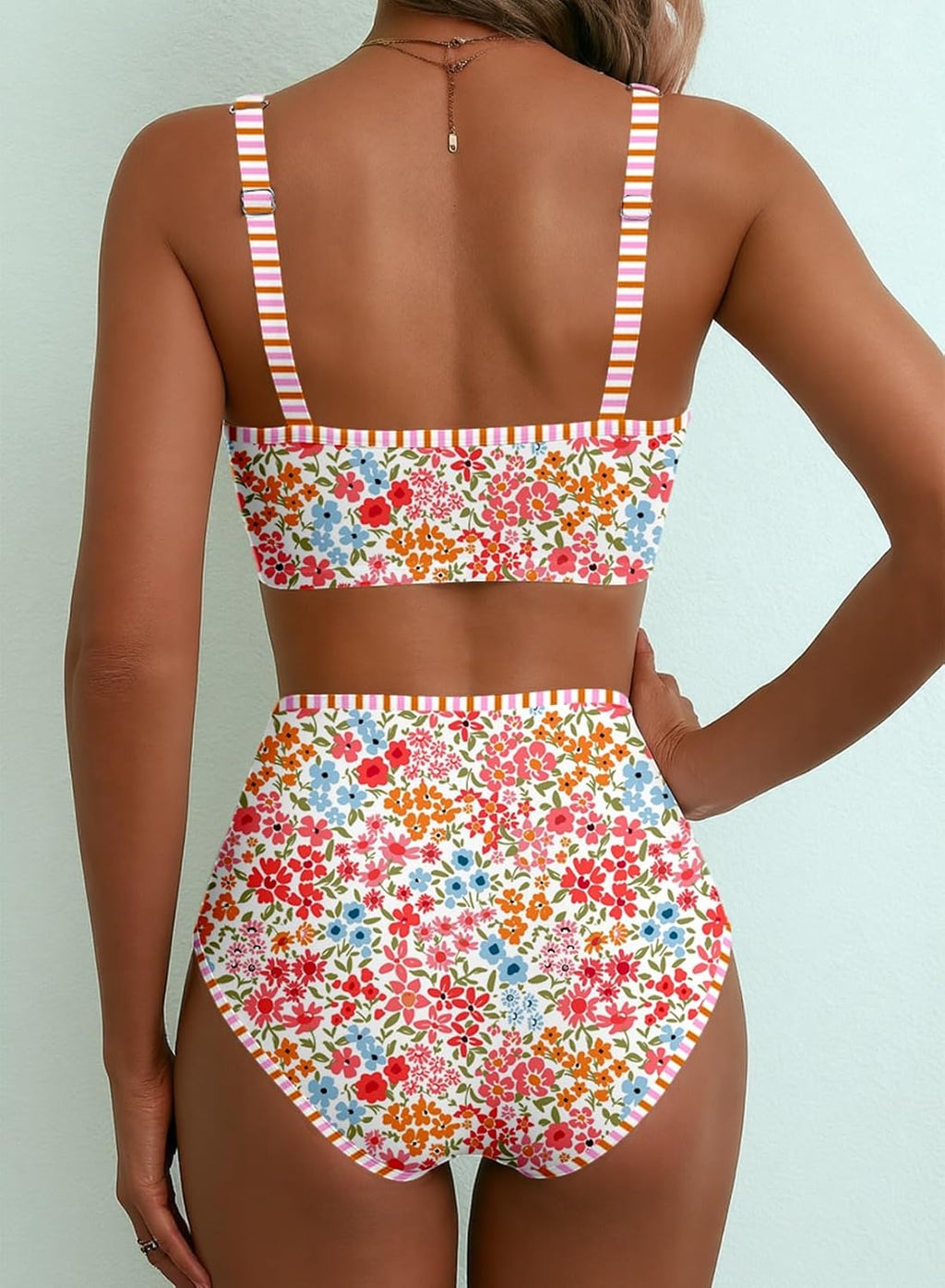 Women's 2 Piece Floral Print Bikini Sets V Neck Stitch Swimsuits High Waisted Bathing Suit Beach Summer Swimwear