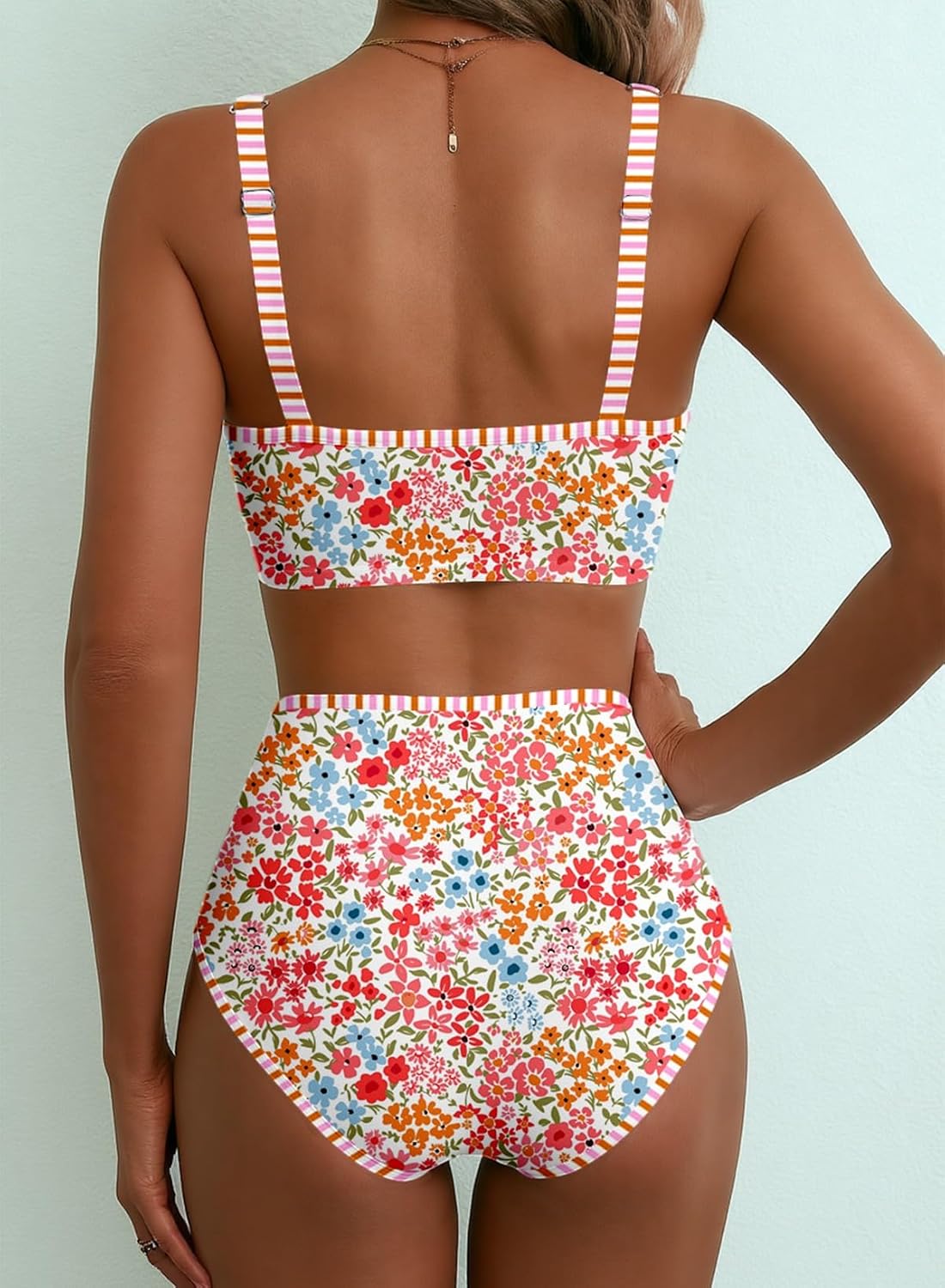 Women's 2 Piece Floral Print Bikini Sets V Neck Stitch Swimsuits High Waisted Bathing Suit Beach Summer Swimwear