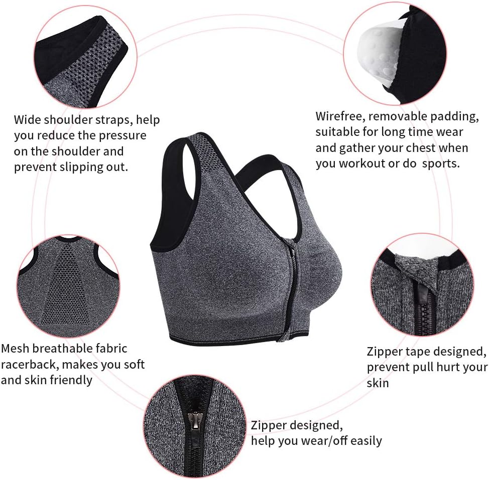 Women Zip Front Closure Sports Bra - Seamless Wirefree Post Surgery Zipper Padded Racerback Workout Gym Yoga Bras