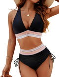Women High Waisted Bikini Sets Tummy Control Swimsuits Color Block Two Piece Drawstring Bathing Suit