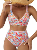 Women's 2 Piece Floral Print Bikini Sets V Neck Stitch Swimsuits High Waisted Bathing Suit Beach Summer Swimwear